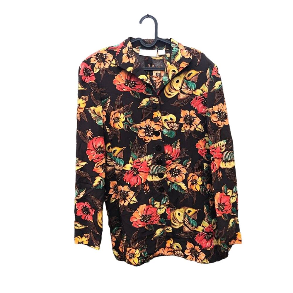 Vintage Dana Buchman top Brown Floral Silk Button Up shirt 8